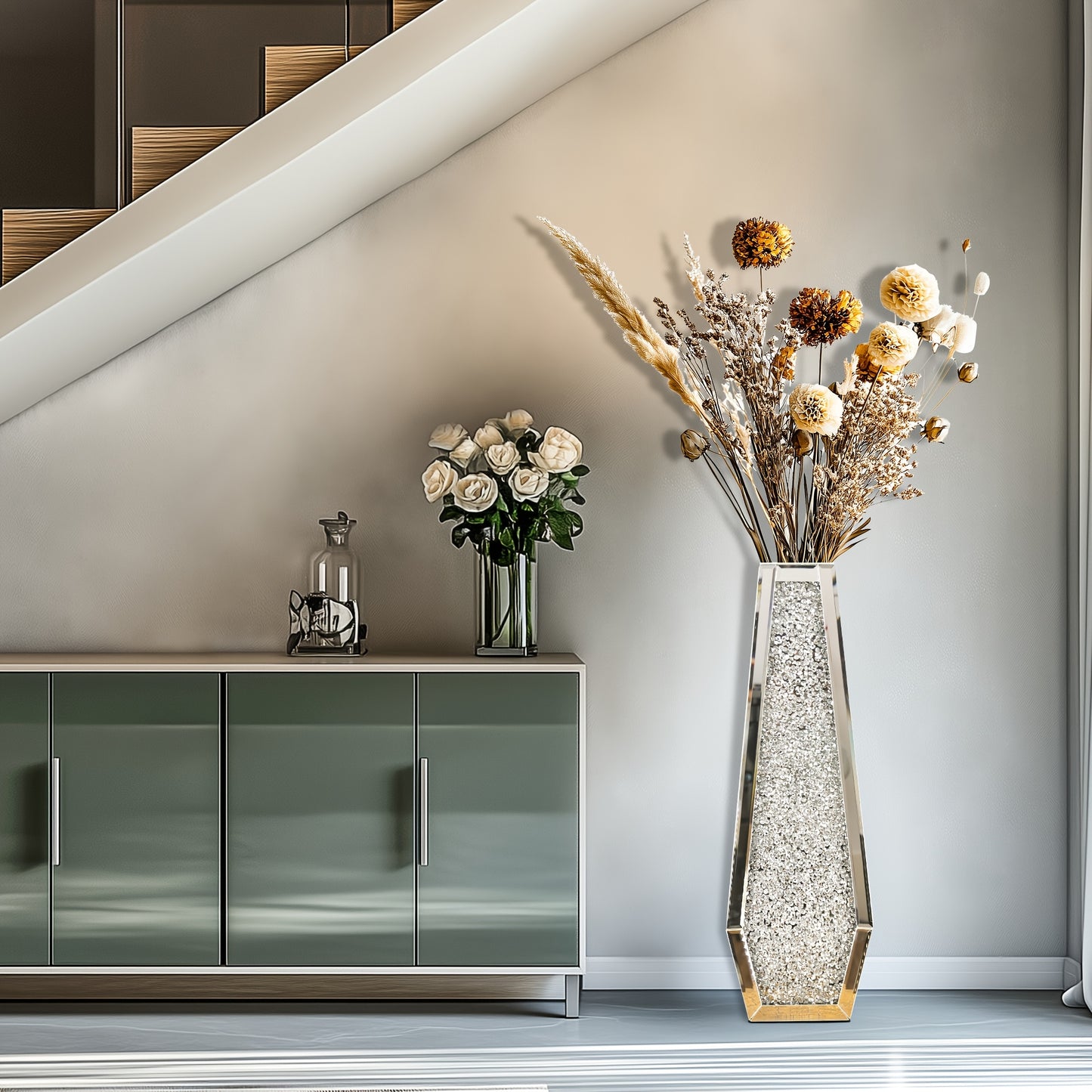 Extra Hoge Vaas – Grote Vazen – Bloemvaas – Interieurvaas – Decoratieve Vaas – Set Van 2 – Spiegelend Glas Met Crushed Diamond – 68 Cm Hoog