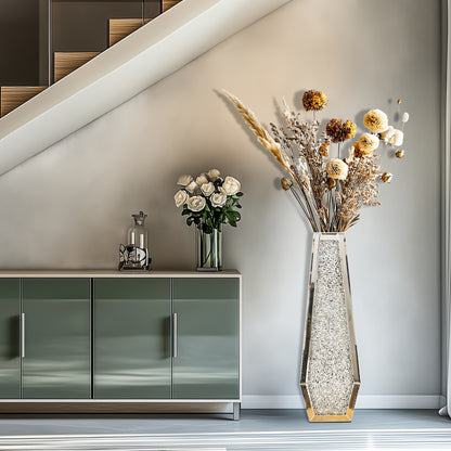 Extra Hoge Vaas – Grote Vazen – Bloemvaas – Interieurvaas – Decoratieve Vaas – Set Van 2 – Spiegelend Glas Met Crushed Diamond – 68 Cm Hoog
