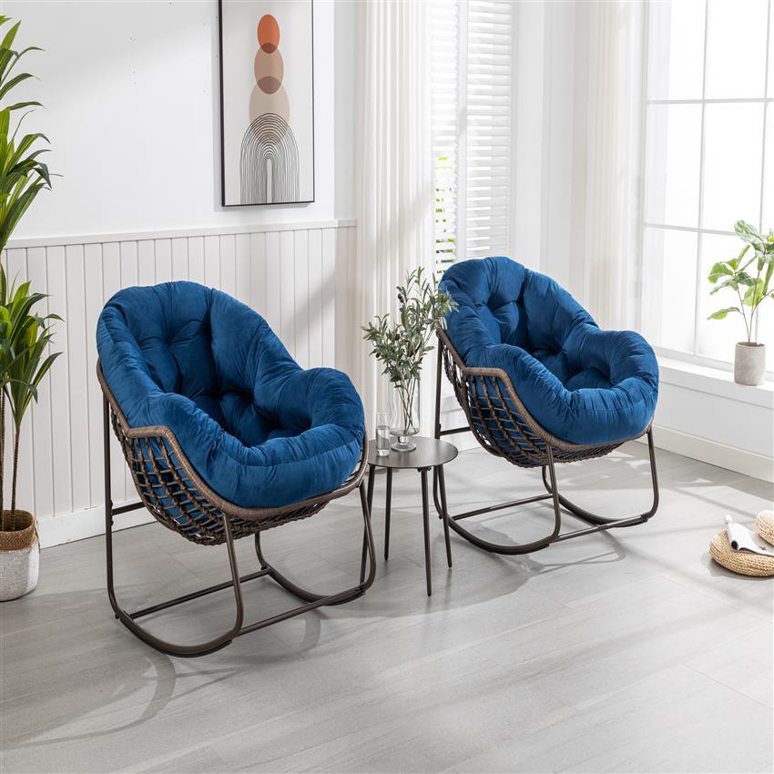 Rattan Lounge Schommelstoel – Loungestoel – Schommelstoel – Tuinstoel – Veranda Stoel – Marineblauw – Handgeweven Synthetisch Rattan – Stevig Gepoedercoat Stalen Frame