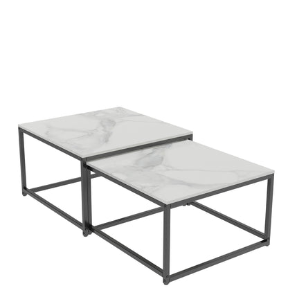 Salontafel – Koffietafel – Bijzettafel – Tafel – Woonkamertafel – Set Van 2 – Scandinavisch Design – Marmerlook Tafelblad – Metalen Frame – Nestbare Tafels 65x65x40 & 60x60x34 cm – Wit