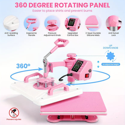 Transferspers – Hittepers – Heat Press Machine – Textielpers – Warmtepers – 8-in-1 Multifunctioneel – 38,1x30,48 cm – 360° Swing Away Ontwerp – Robuust IJzer en Kunststof