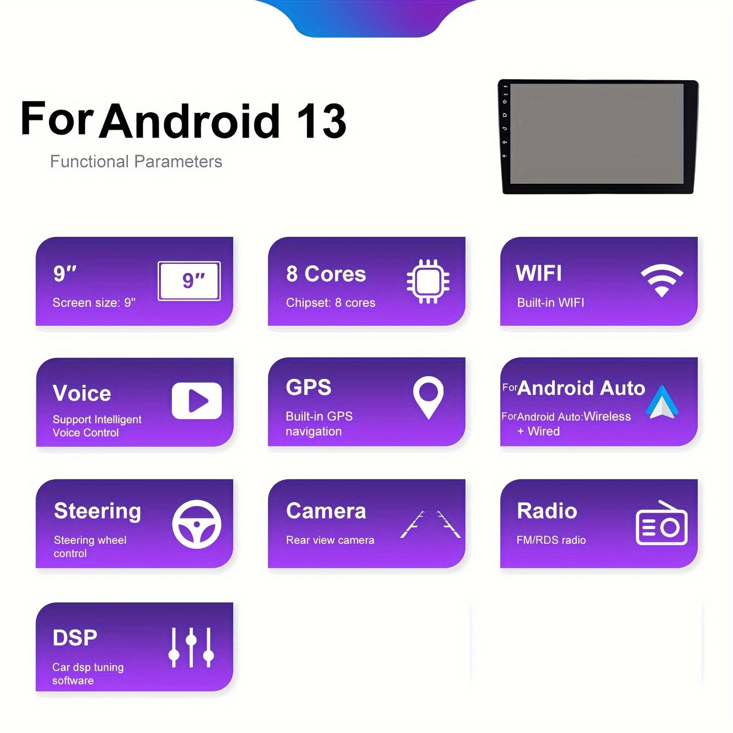 Autoradio – Auto Radio – Car Stereo – Multimedia Speler – 9 Inch IPS Touchscreen – Android 13 – 8-Core Processor – Draadloze CarPlay & GPS
