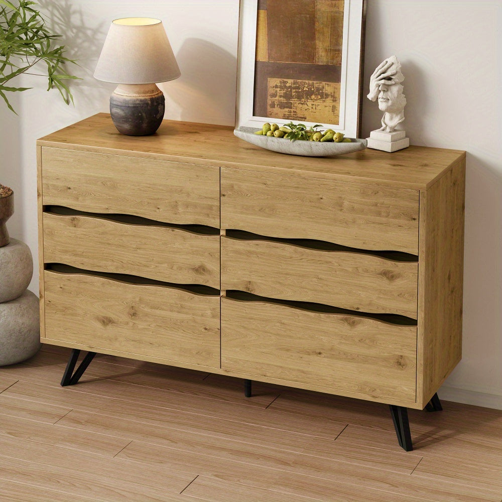 Dressoir – Sideboard – Opbergkast – Ladenkast – Kast – Natuurlijk Kleur – 6 Lades – Metalen Pootjes – Ruime Opbergruimte – Eenvoudige Montage