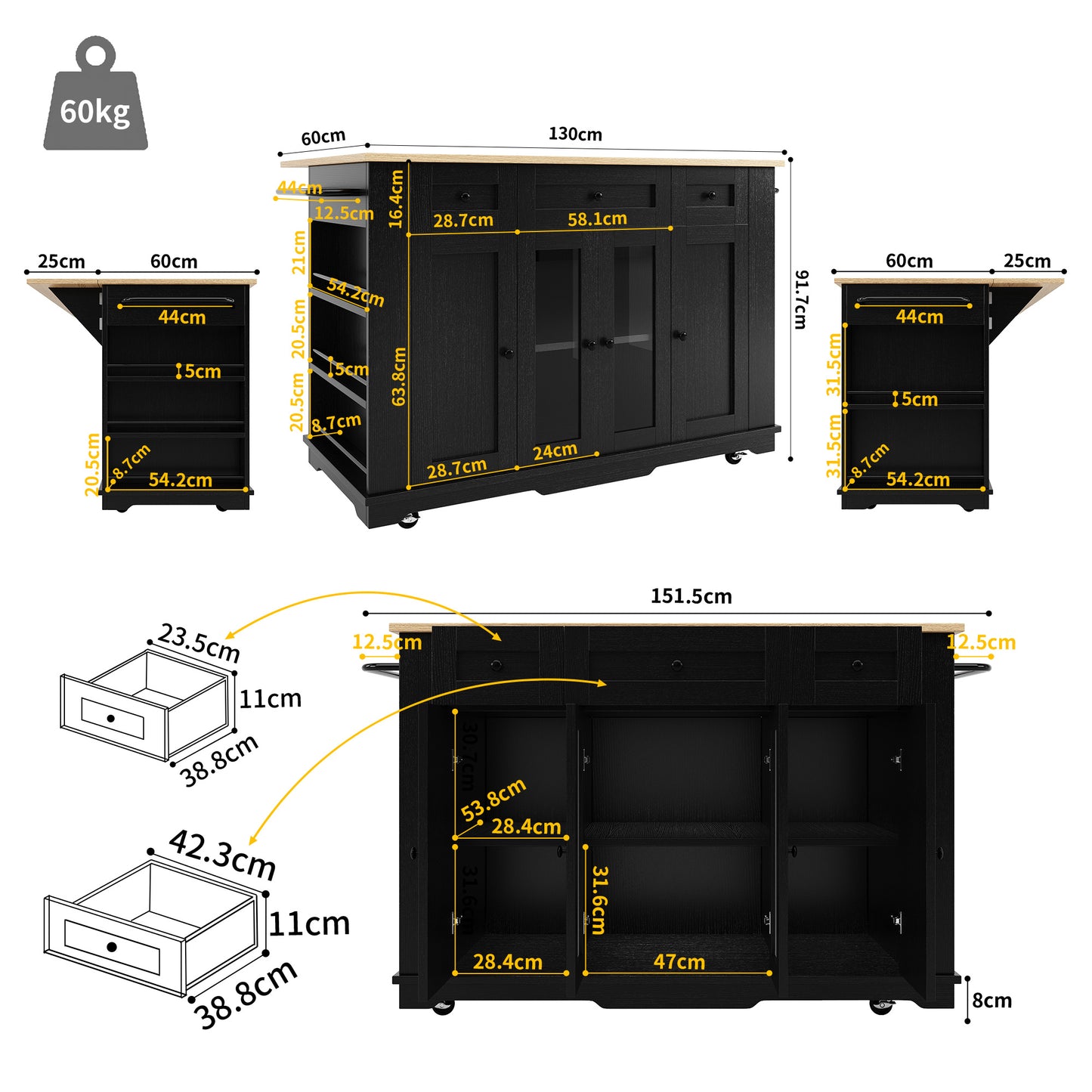 Multifunctionele Keukenwagen – Keukentrolley – Keukenmeubel – Keukenkar – Keukenkast – Uitklapbaar Werkblad – 2 Lades & Verstelbare Legplanken – Wit Houtlook MDF