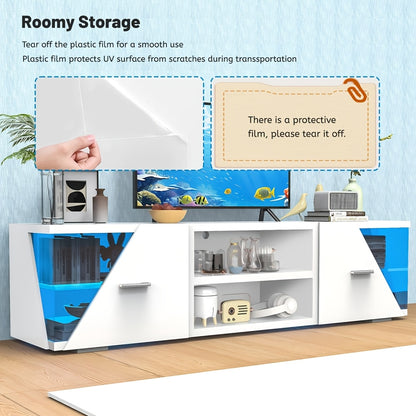 150cm Modern TV Cabinet Stand | White LED Light Entertainment Unit Cupboard with Storage, Suitable for 32-65 Inch TVs, Powered, Assembly Required, Brand: Oyajia