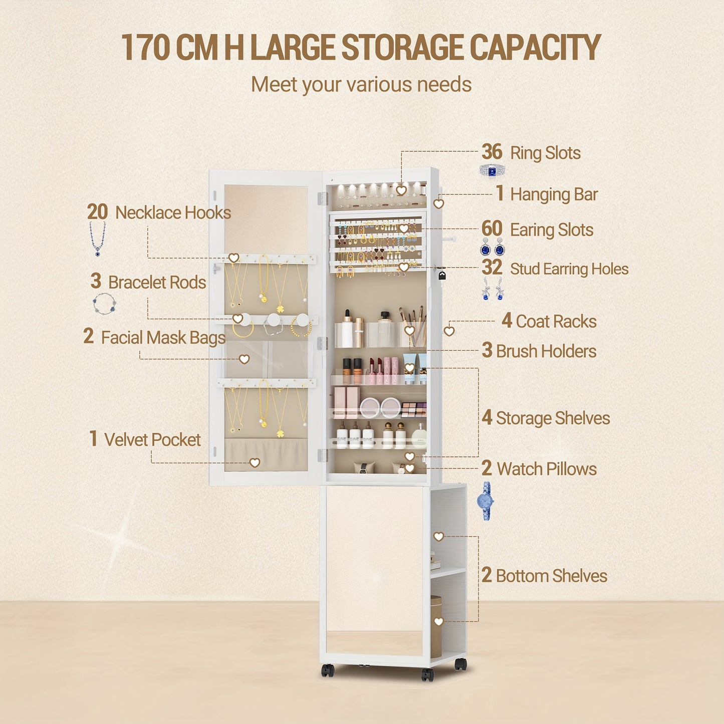 Sieradenkast – Juwelenkast – Spiegelkast – Sieradenorganizer – Opbergkast – 5-in-1 Design – MDF Met Fluwelen Bekleding – Afsluitbaar Met Sleutel – Volledige Lengte Spiegel Met 8 LED-Verlichting – Wielen