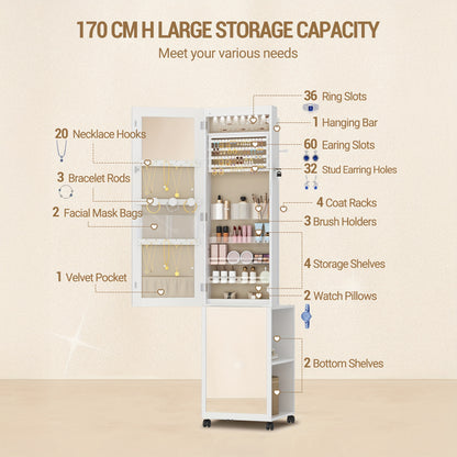 Sieradenkast – Juwelenkast – Spiegelkast – Sieradenorganizer – Opbergkast – 5-in-1 Design – MDF Met Fluwelen Bekleding – Afsluitbaar Met Sleutel – Volledige Lengte Spiegel Met 8 LED-Verlichting – Wielen