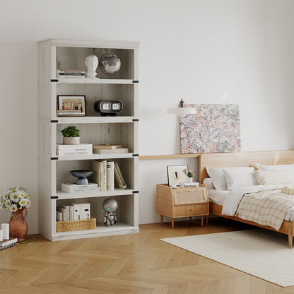 Boekenkast – Boekenrek – Boekenkast Open – Opbergkast – Wandkast – 5-laags – Wit Hout – Landelijke Stijl – Stevig A-Frame – Vrijstaand – Ruime Opbergruimte – Eenvoudige Montage