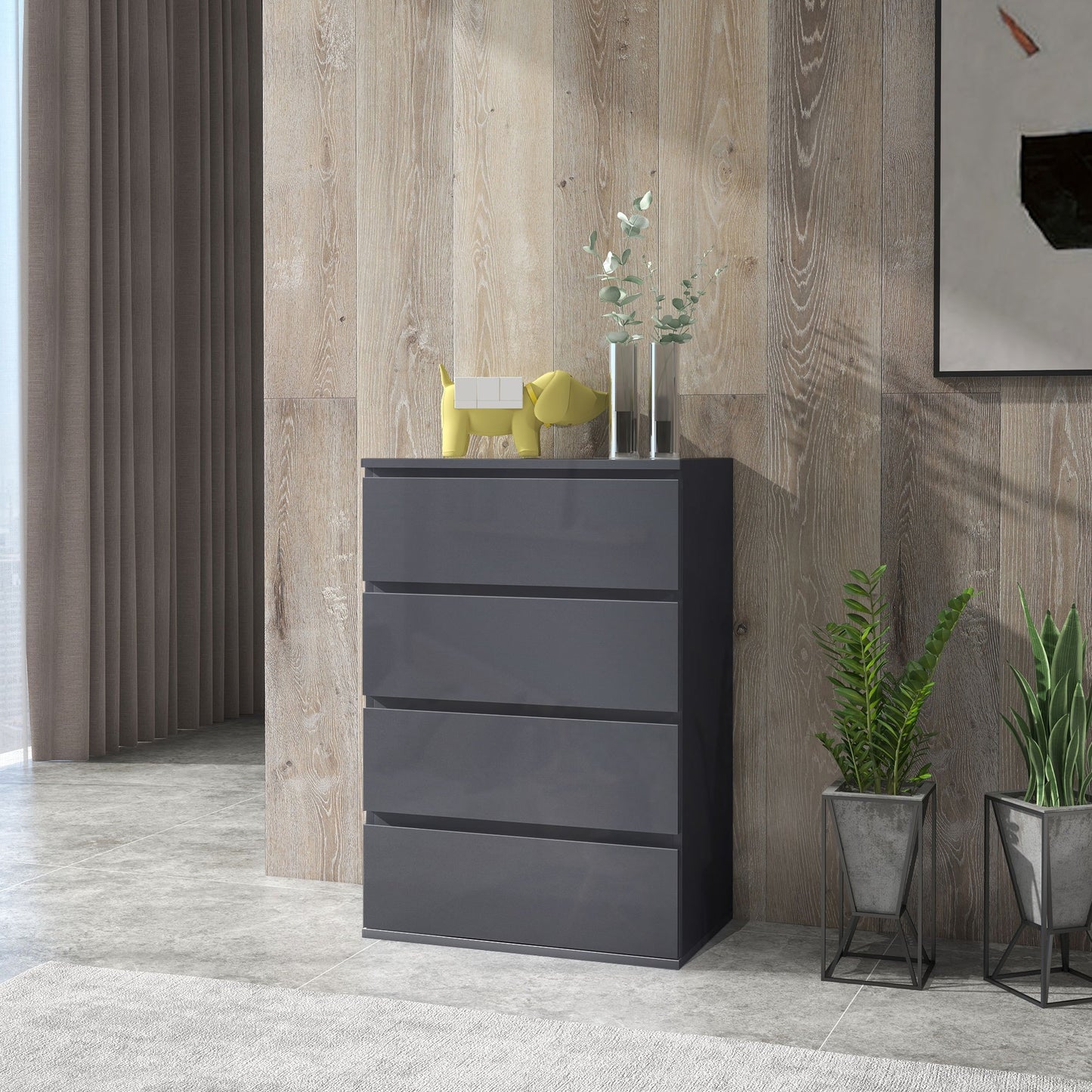 Ladekast – Ladenkast – Commode – Opbergkast – Dressoir – 4 Lades – Soft-Close Mechanisme – Glanzende Grijze Afwerking – 55 x 33 x 80 cm