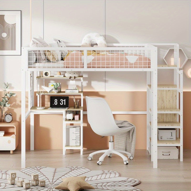 Hochslaper 140x200 – Hoogslaper – Halfhoogslaper – Stapelbed – Kinderbed – Met Veiligheidsrail – Met Metalen Frame – Inclusief Kledingkast en Bureau – Wit – Compact en Ruimtelijk