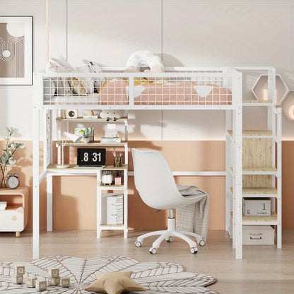 Hochslaper 140x200 – Hoogslaper – Halfhoogslaper – Stapelbed – Kinderbed – Met Veiligheidsrail – Met Metalen Frame – Inclusief Kledingkast en Bureau – Wit – Compact en Ruimtelijk