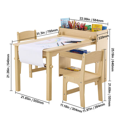 Kinderkunsttafel – Kindertafel – Speeltafel – Knutseltafel – Tafel met 2 Stoelen en Opbergkast – Geschikt voor 2-8 Jaar – Hittebestendig MDF