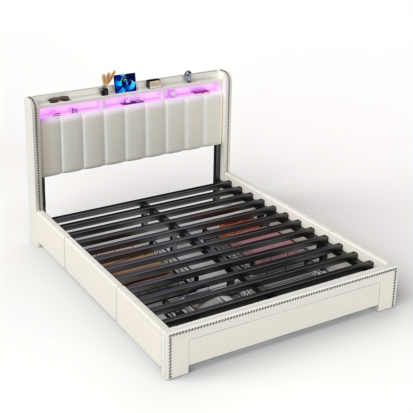 160x200 cm Tweepersoonsbed Frame met 3 Laden – Gestoffeerd Hoofdeinde & LED-Verlichting – Modern Roze Bed met USB-Verlichting, Stevige Metalen Ondersteuning