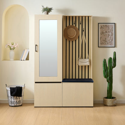 Halmeubel – Kapstok – Schoenenkast – Garderobe – Opbergmeubel – Met Spiegel en Bankje – Uittrekbare Kledingrail en 4 Haken – Ruimtebesparend Design voor Kleine Hal