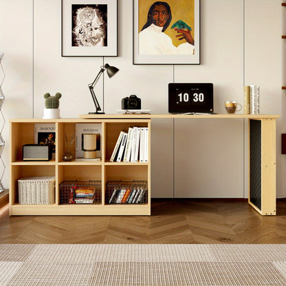 Computertafel – Computerbureau – Bureautafel – Werktafel – Thuiskantoor Bureau – 140x104x75 cm – MDF Metalen Frame – Zes Opbergvakken + Plank – Draaibaar Ontwerp – Houtlook Natuurlijk