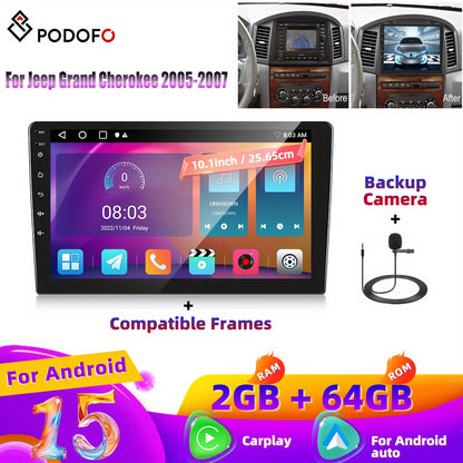 PODOFO 2G + 64G Android 15 Car Radio for Jeep Grand Cherokee 2005-2007 with Wireless Carplay Android Car, Radio 25.4 cm Touchscreen Navigation DSP B/T WiFi FM/RDS Radio, Steering
