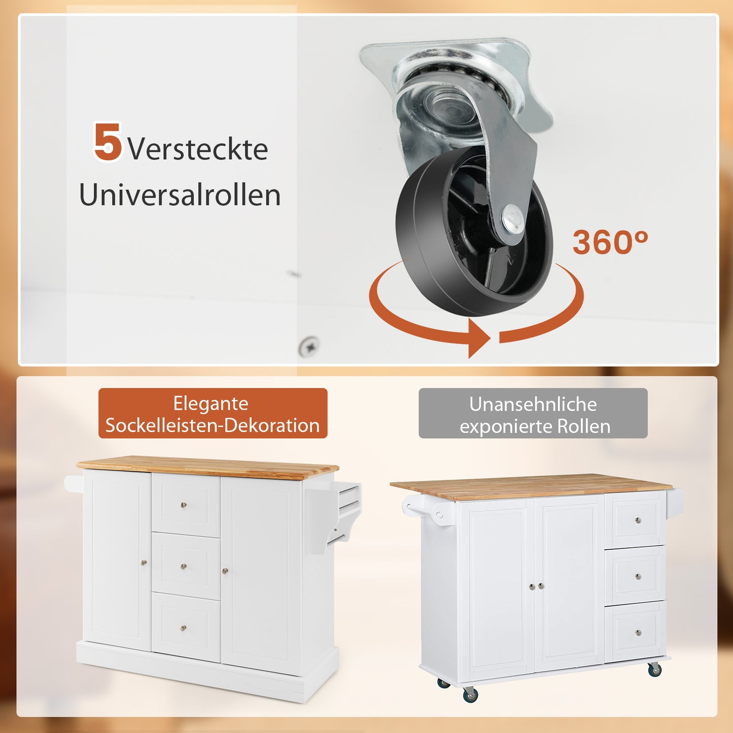 Mobiele Keukenwagen – Keukentrolley – Keukenkar – Keukenmeubel – Serveerwagen – 5 Verborgen Wieltjes – Rubbenhouten Werkblad 104x46 cm – Wit