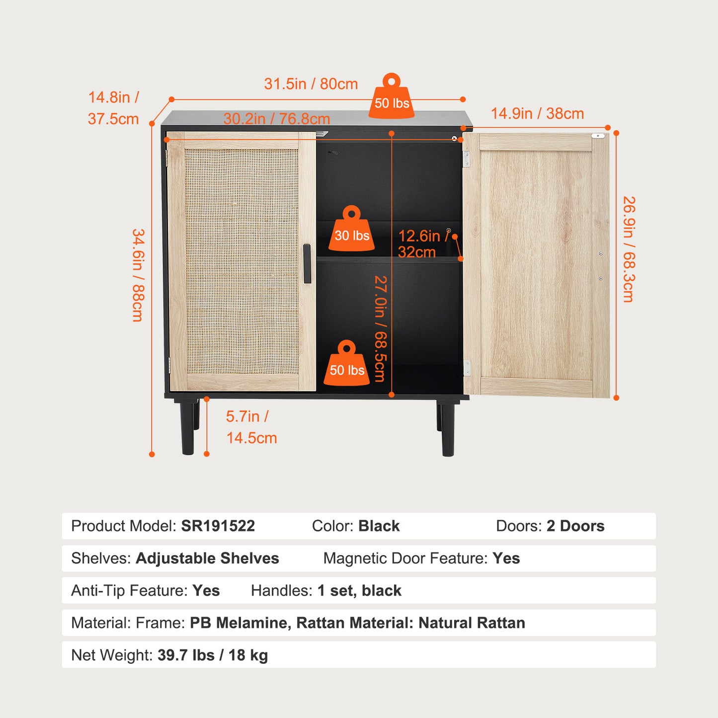 Kast – Opbergkast – Rattan Kast – Dressoir – Buffetkast – Handgeweven Rattan Deuren – Verstelbare Legplanken – Zwart – Magnetische Deuren