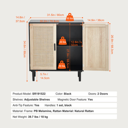 Kast – Opbergkast – Rattan Kast – Dressoir – Buffetkast – Handgeweven Rattan Deuren – Verstelbare Legplanken – Zwart – Magnetische Deuren