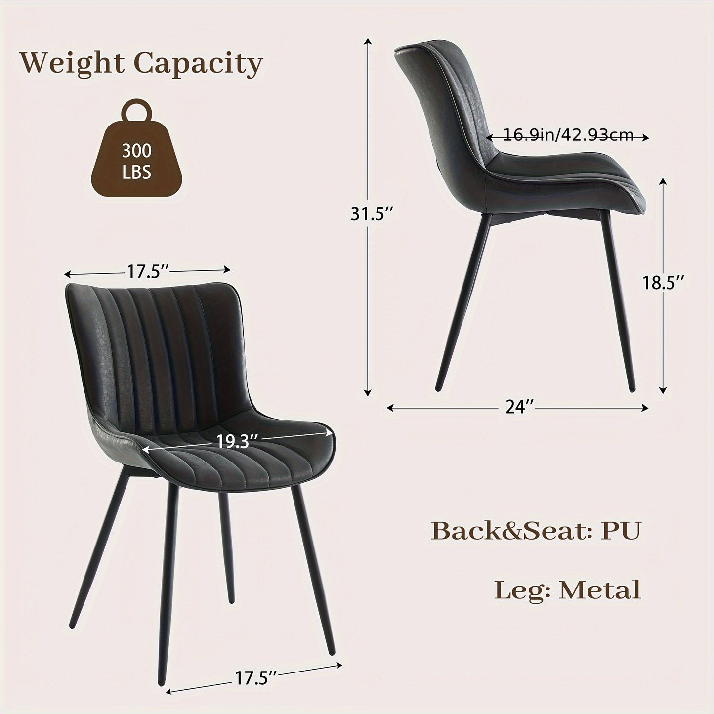 2-Pack TACKVIEW Classic Black Leather Dining Chairs with Vertical Stripes, Memory Foam Cushion & Metal Frame - Ergonomic Armless Design, 136.08KG Weight Capacity, 17, 12.7cm Wide Seat, 60.96cm Height, 18, 12.7cm Depth for Mod