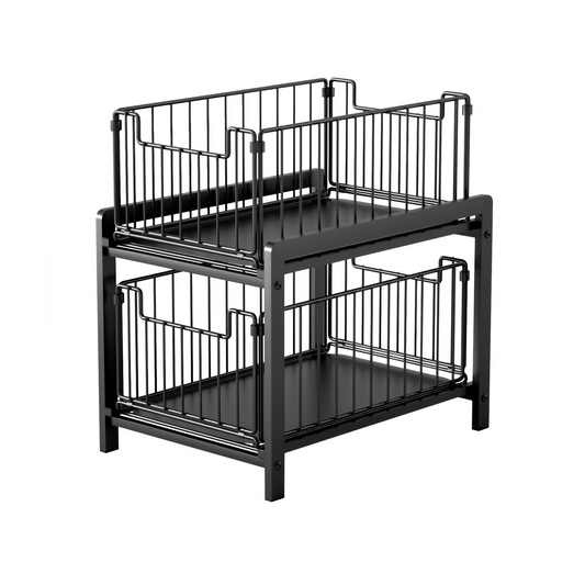 Uittrekrek Keuken – Kastorganizer – Uittrekbare Lade – Opbergrek – Keukenrek – Dubbele Lagen – Compact 26x37x39 cm – Stevig Kunststof Metalen Rails - Zwart