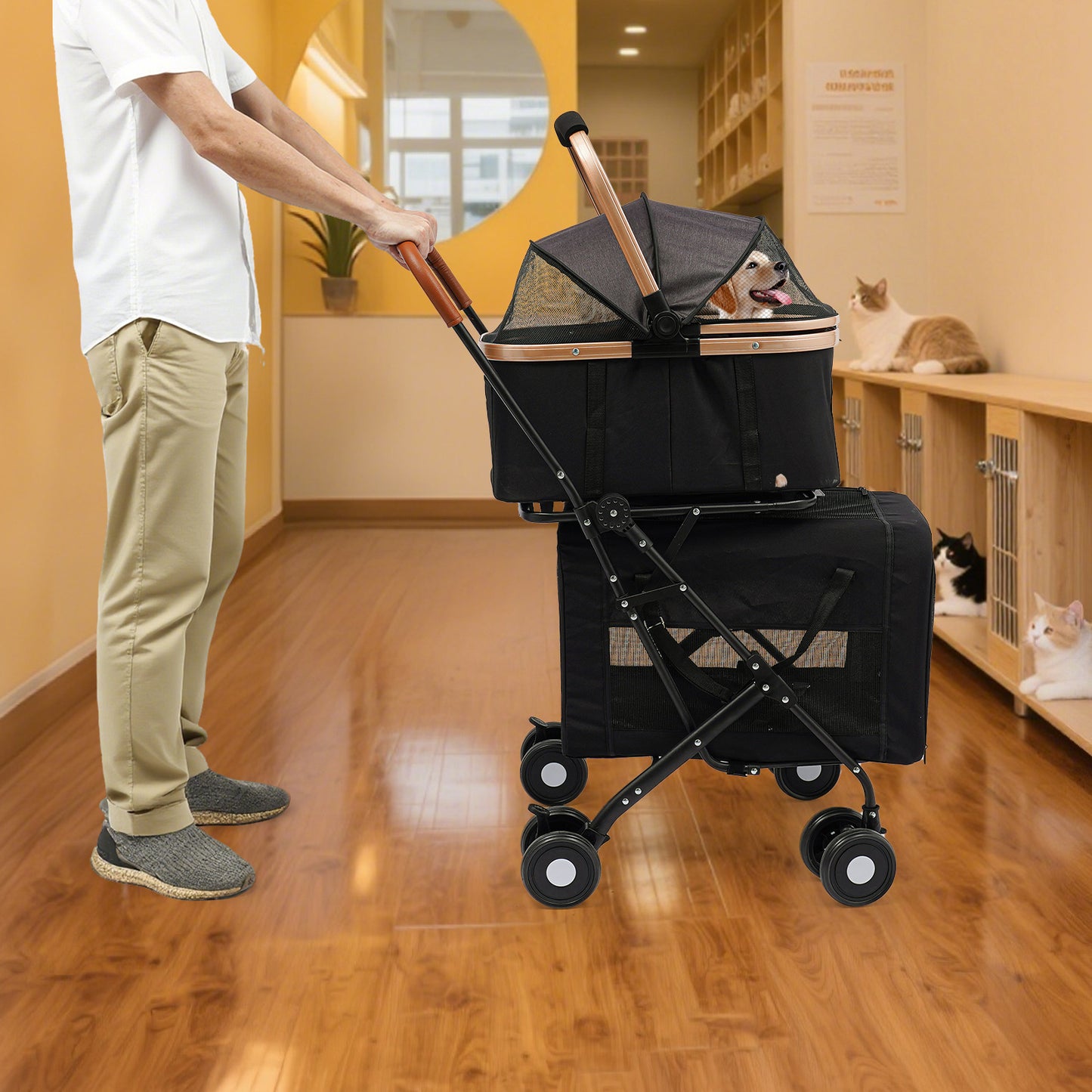 3-in-1 Heavy-Duty Two-Tier Pet Stroller Compatible for Dogs & Cats - Heavy-Duty Oxford Fabric & Frame, Spacious 2-Tier Kennel with Ventilation, Design & All-Terrain Wheels - Lightweight Portable Cart for Twins/Pets