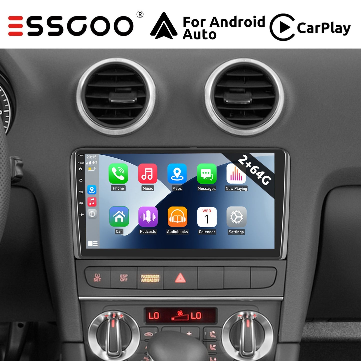 ESSGOO Wireless Carplay und Android AutoATORADIO for AUDI A3 S3 RS3 2008-2012, 22.86 cm Touchscreen with B-T Radio, Android 14 FM RDS GPS USB WiFi Navigation, Incar Connectivity, Car Entertainment System, Sleek Dashboard Unit