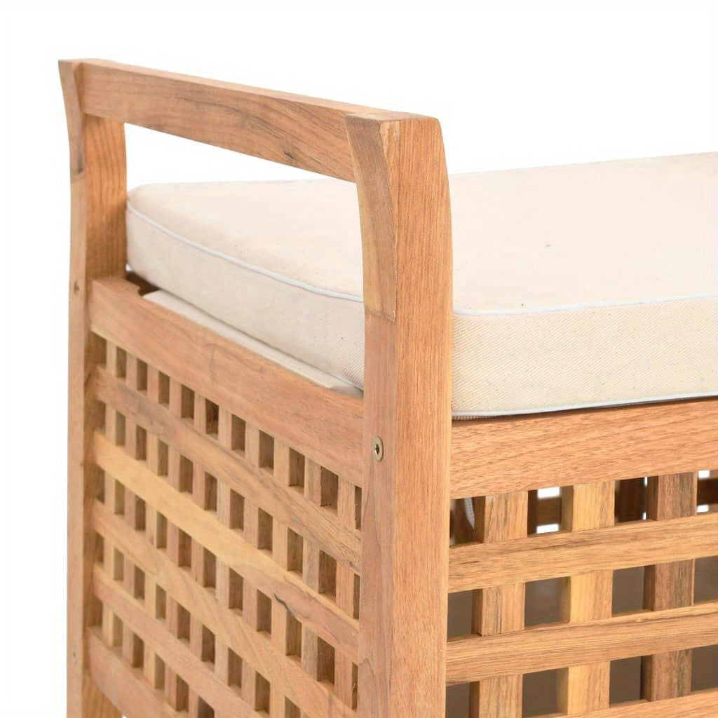 Houten Bank – Opbergbank – Halbank – Zitbank – Schoenenbank – Massief Walnotenhout – Gevoerd Zitvlak – 93x49x49 cm – Ruitpatroon – Opbergruimte
