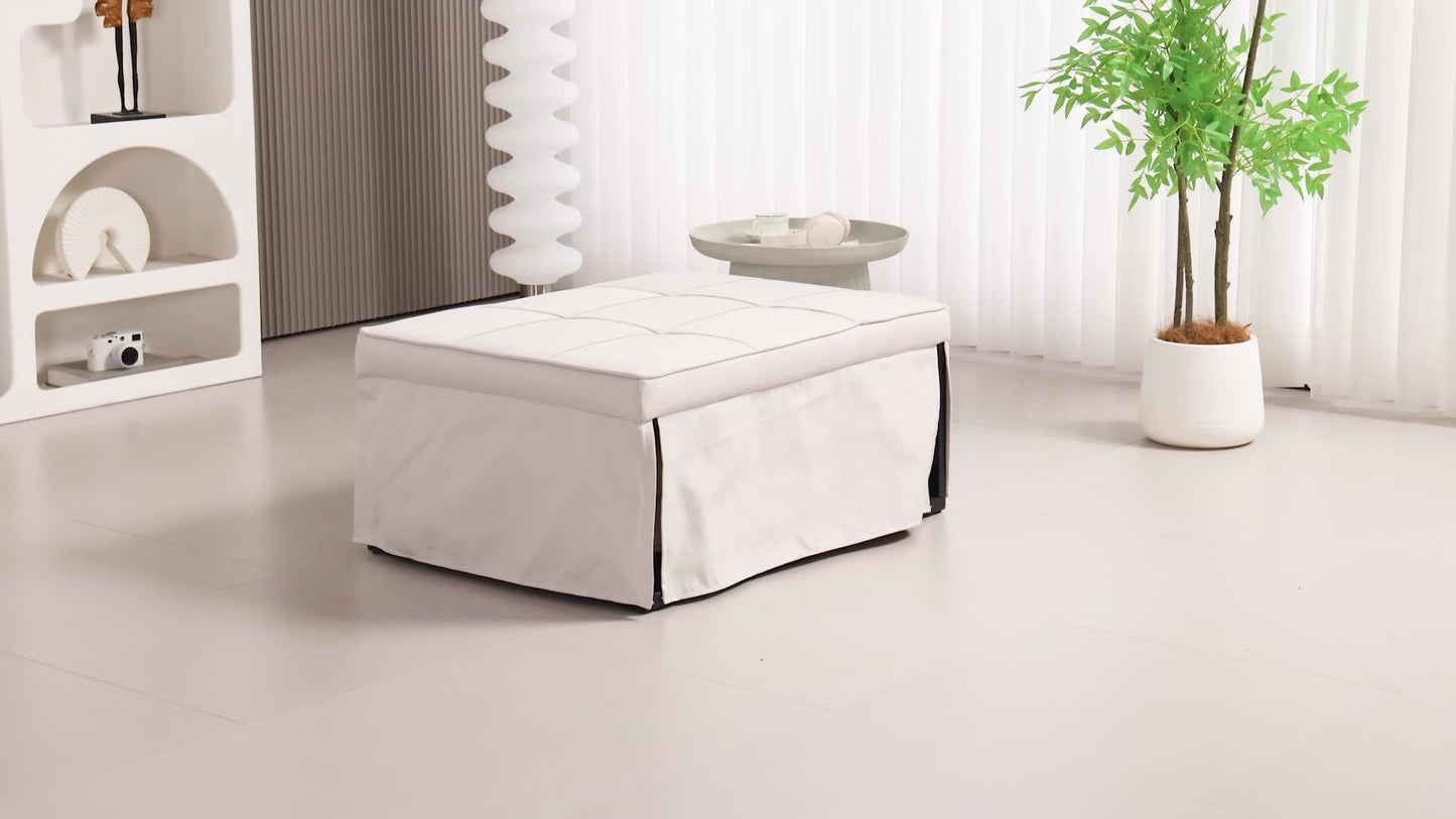 3-in-1 Relaxstoel – Pouf – Chaise Longue – Slaapstoel – Zitzak – Verstelbare Rugleuning 5-standen – Inklapbare Voetensteun – Crèmekleurige Linnenstof – Zwart Metalen Frame