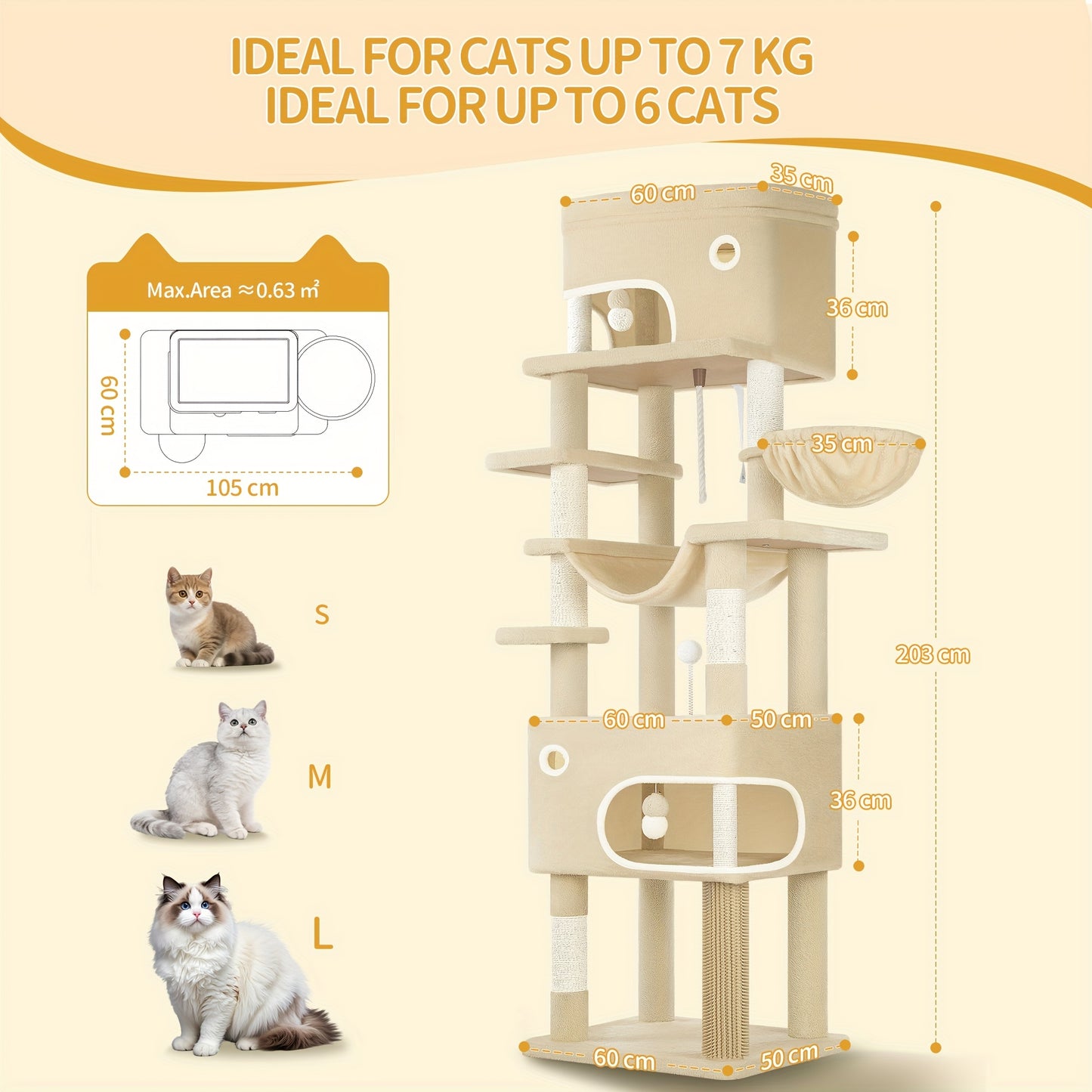 Cat Scratching Post with Large Platform, 2 Caves, 7 Scratching Posts, Pompoms, Loungers, Hammock, Suitable for All Cat Breeds, Beige - QUORE