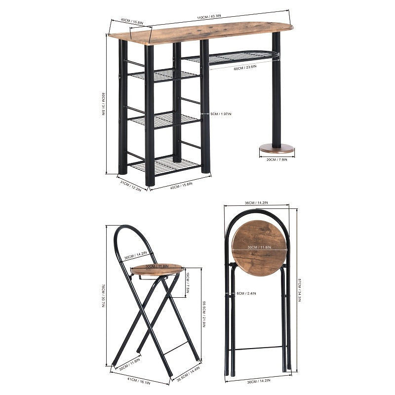 Eettafel – Tafel – Keukentafel – Eethoek – Kloostertafel – Industrieel Design – Massief Hout Met Opbergruimte – Inklapbare Krukjes – Bruin