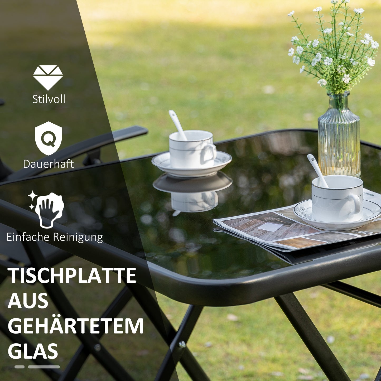 Bistroset – Balkonset – Tuinset – Tuinmeubelen – Zitgroep – Metaal Gepoedercoat – Inklapbaar Met Gehards Glasblad
