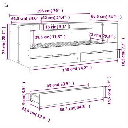 Bedbank – Daybed – Slaapbank – Logeerbed – Bedlade – Wit – 75x190 cm – Hout – Ruimtebesparend Met Ladeopbergruimte