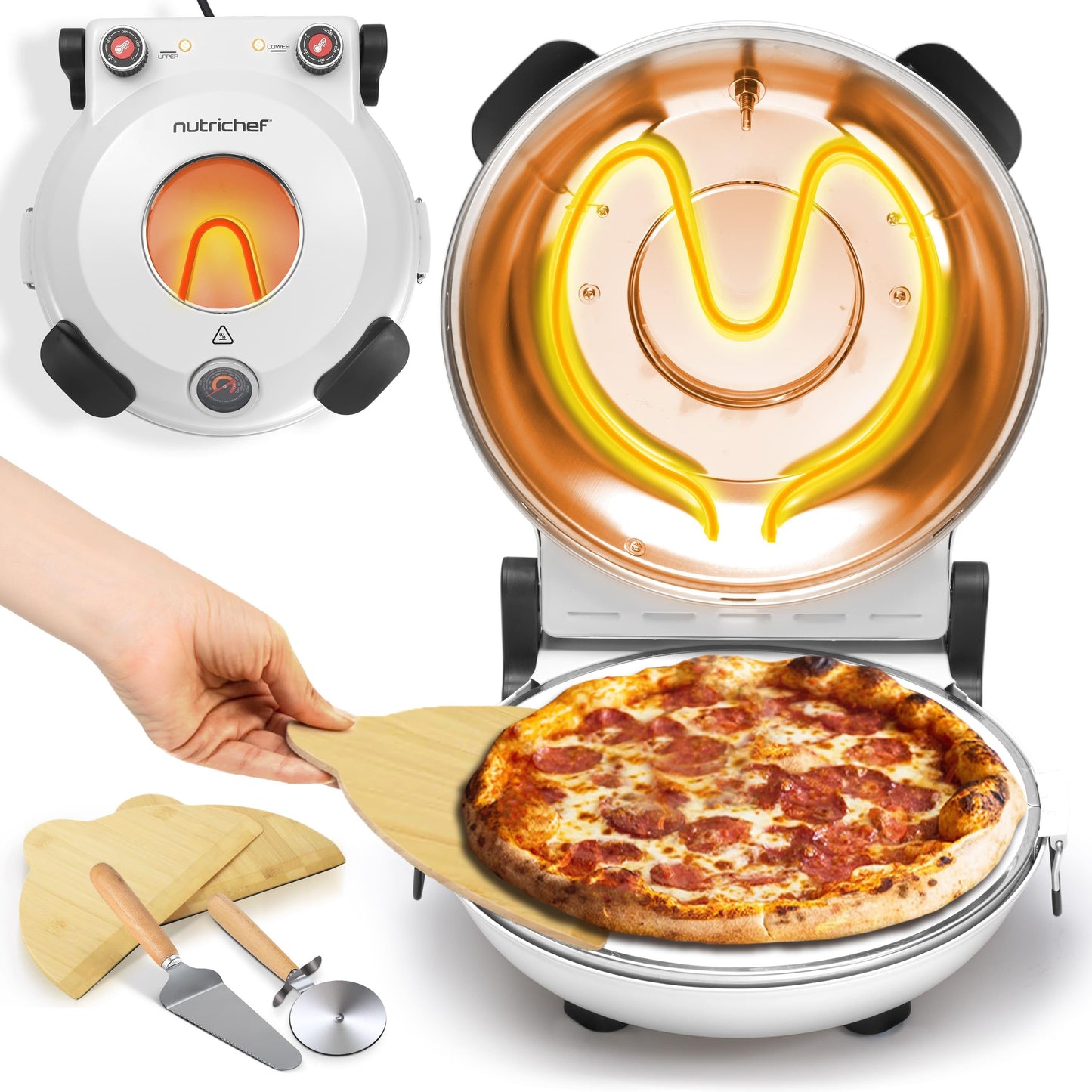 Pizzarette – Pizza Oven – Pizzamaker – Elektrische Oven – Tafeloven – 1200 Watt Vermogen – 30 cm Bakoppervlak – Tot 425°C – Wit