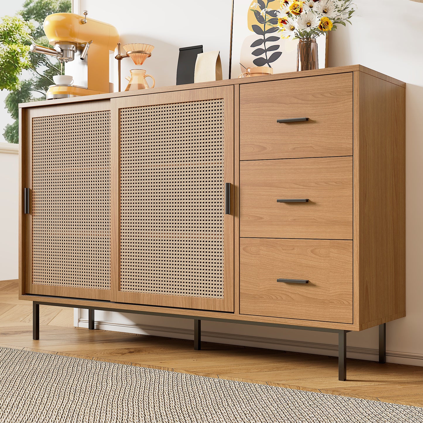 Sideboard – Dressoir – Buffetkast – Opbergkast – Kast – Modern – Houtlook Met Rattan – 140x37x91 cm – 3 Laden Met Verstelbare Planken