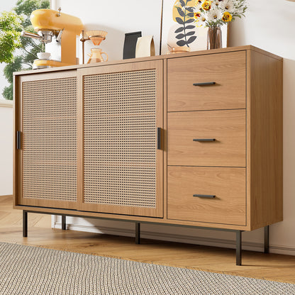 Sideboard – Dressoir – Buffetkast – Opbergkast – Kast – Modern – Houtlook Met Rattan – 140x37x91 cm – 3 Laden Met Verstelbare Planken