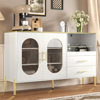 Wit Dressoirkastje – Opbergkast – Kastje – Bureaukast – Dressoir – 2 Lades & 2 Glazen Deurtjes – 3,2+ Kubieke Voet Opbergruimte – 68,5 cm Hoog – Vrijstaand – Gouden Accenten