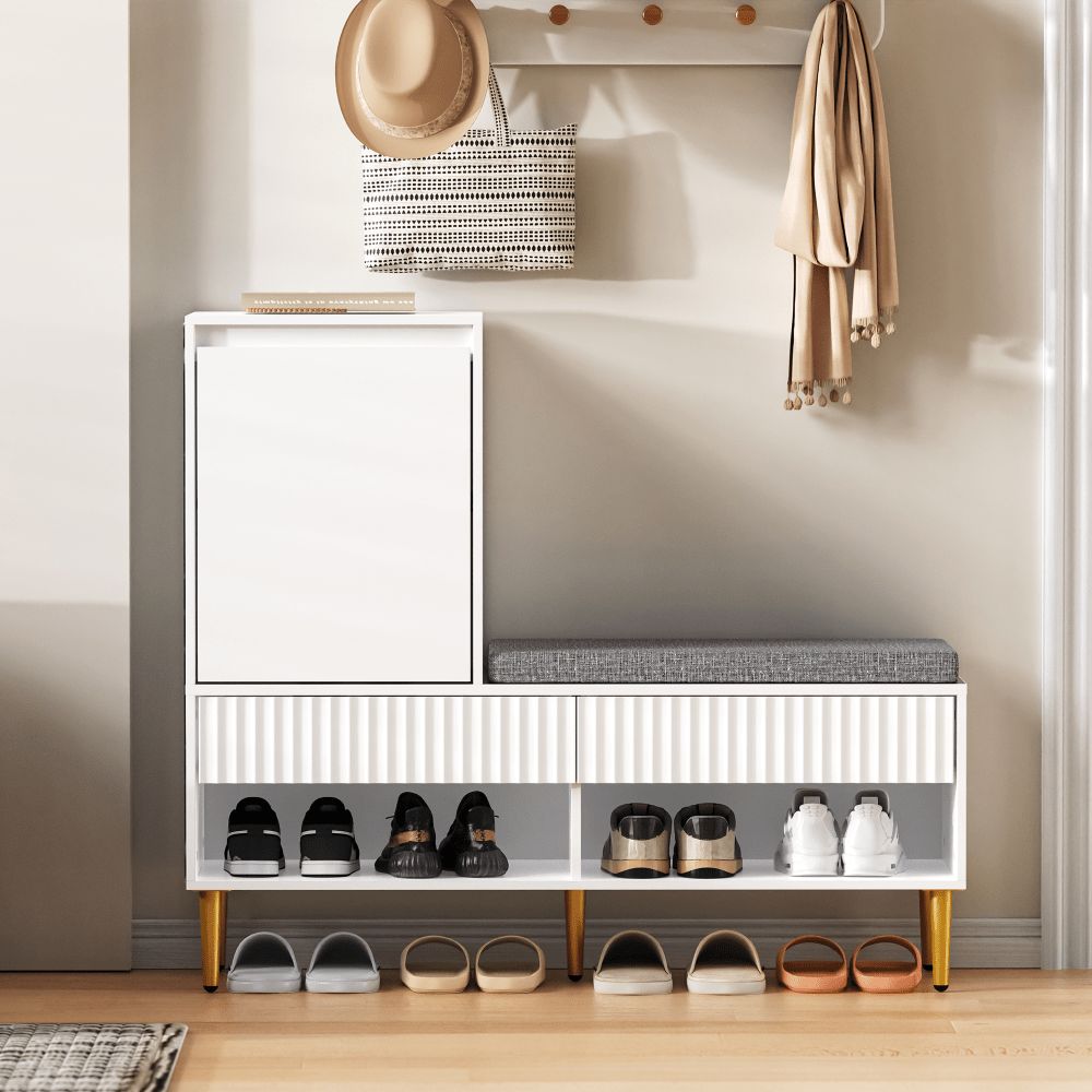 Schoenenkast – Schoenrek – Schoenenopberger – Halmeubel – Zitbank – Modern Wit – 1 Deur en 2 Lades – Compact en Ruimtebesparend 100x35x90 cm