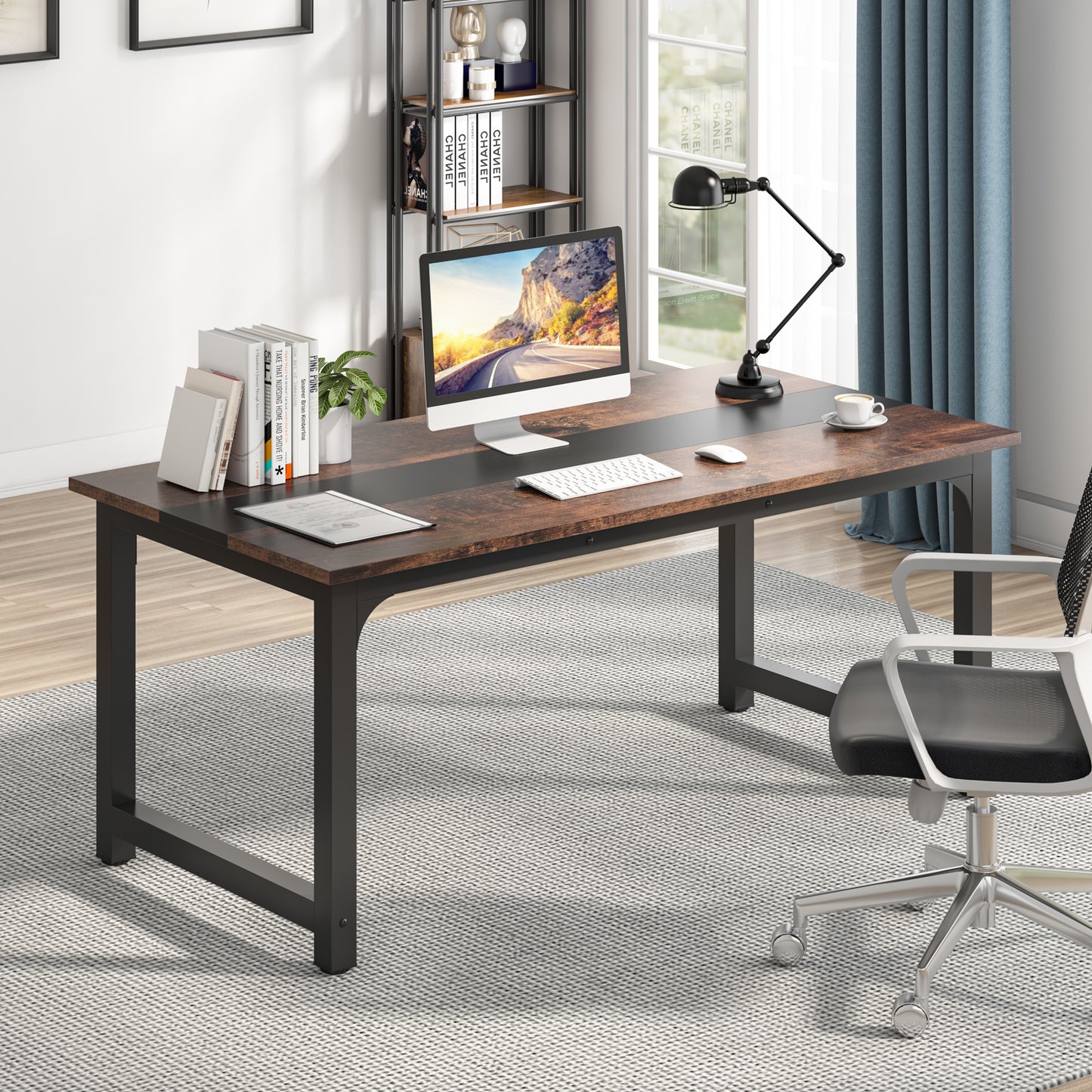 Bureau – Computertafel – Werkplek – Schrijftafel – Thuiskantoor – Ruim Werkblad 160x80 cm – Stabiel Metalen Onderstel Rustiek Zwart