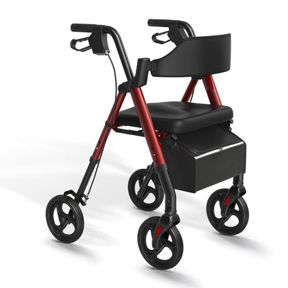 Rollator – Wandelwagen – Loophulpmiddel – Looprek – Mobiliteitshulpmiddel – Opvouwbaar – Aluminium Frame – Grote 20,3 cm Wielen – Ergonomisch Zitje – Dubbel Verstelbare Handvatten – Draagvermogen 136 kg – Rood
