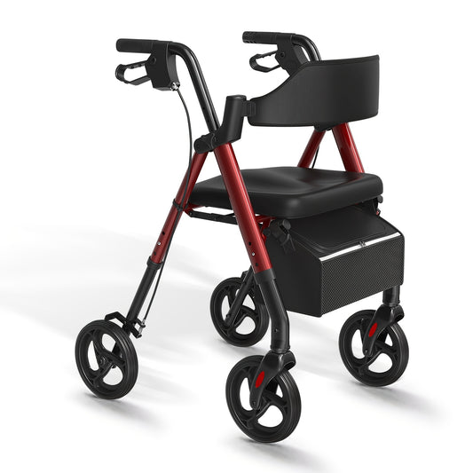 Rollator – Wandelwagen – Loophulpmiddel – Looprek – Mobiliteitshulpmiddel – Opvouwbaar – Aluminium Frame – Grote 20,3 cm Wielen – Ergonomisch Zitje – Dubbel Verstelbare Handvatten – Draagvermogen 136 kg – Rood