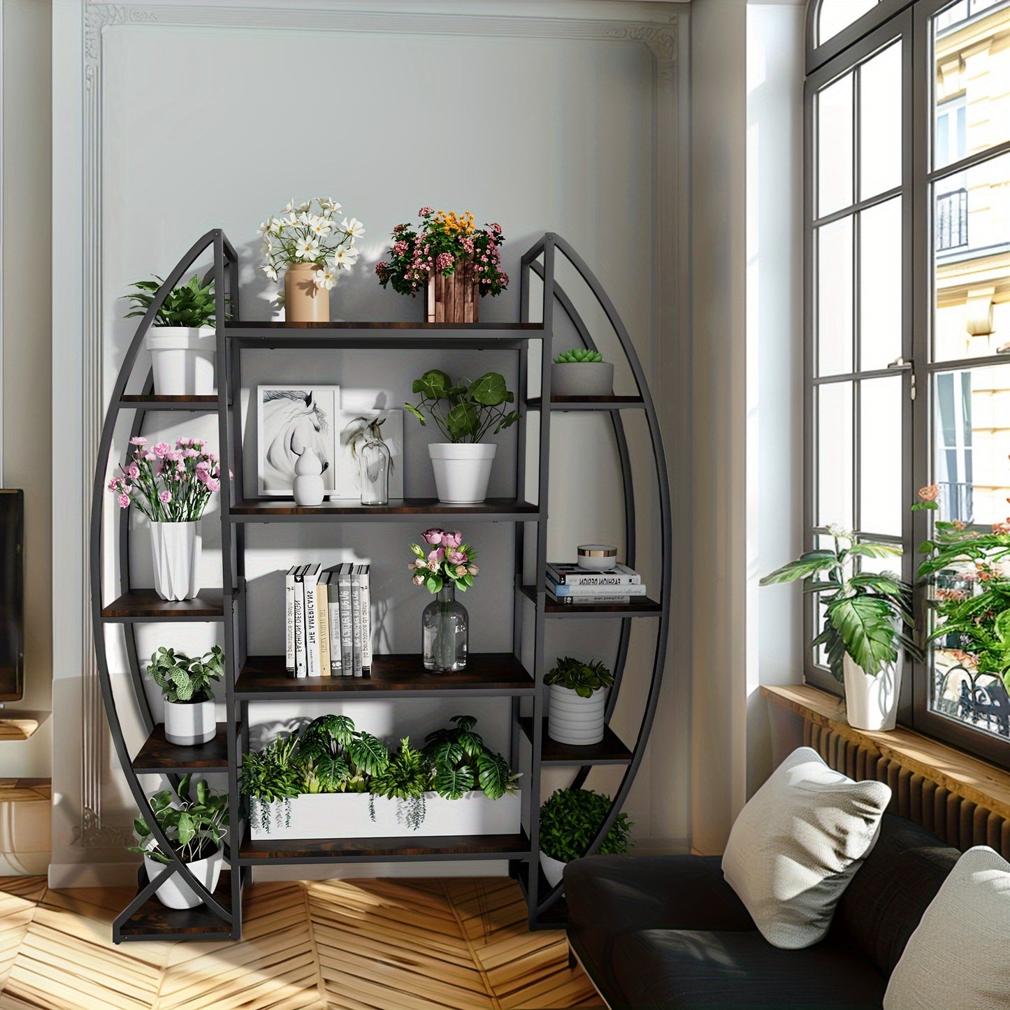 Plantentrap – Plantenrek – Ladderkast – Etagère – Stellingkast – 5-laags Metaal – Vrijstaand Zwart Frame – Witte Stoffen Bakken