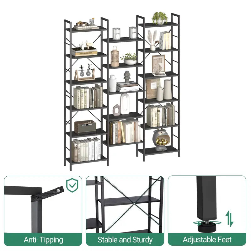 Boekenrek – Boekenkast – Wandrek – Vakkenkast – Opbergrek – Verstelbare Planken – 17 Planken op 6 Niveaus – 24 x 152 x 186 cm – Max. Draagkracht 340 kg – Retro Bruin/Zwart