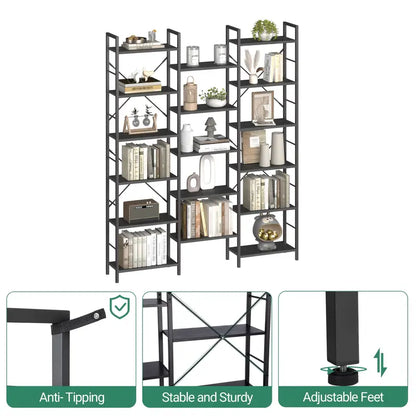 Boekenrek – Boekenkast – Wandrek – Vakkenkast – Opbergrek – Verstelbare Planken – 17 Planken op 6 Niveaus – 24 x 152 x 186 cm – Max. Draagkracht 340 kg – Retro Bruin/Zwart