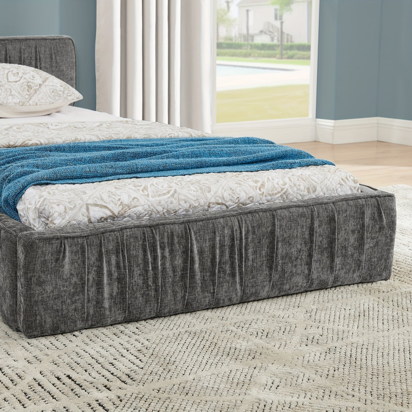 Tweepersoonsbed – Double Bed – Slaapbed – Bedframe – Bed – Modern Design – Zachte Chenille Bekleding – Stevig Houtenvrij Frame – Donkergrijs