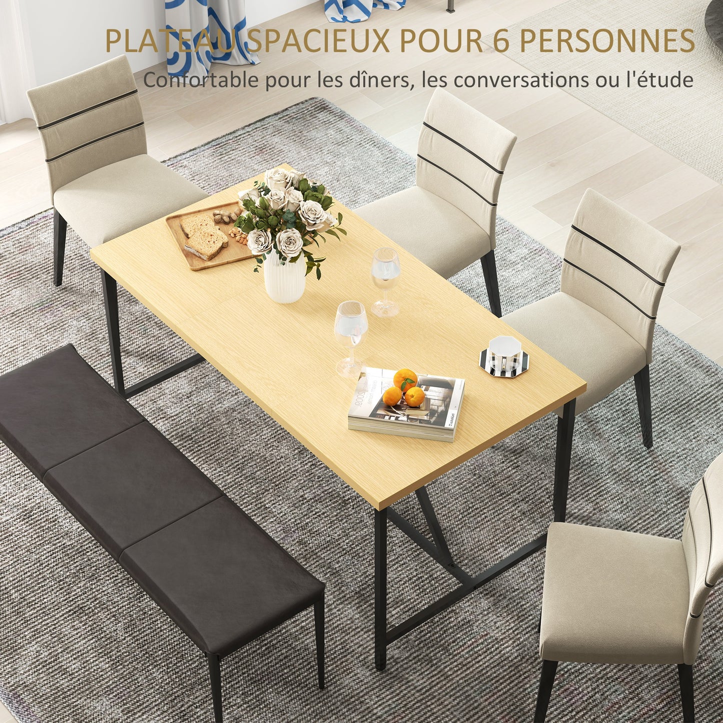 Eettafel – Eetkamertafel – Keukentafel – Tafel – Tafeltje – Modern Design – Houten Look Blad – Zwarte Stalen Poten – 150x80 cm – Verstelbare Pootjes