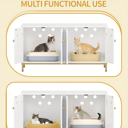 Kattenkast – Kattenmeubel – Kattenbakmeubel – Kattenhuis – Kattenbench – Voor 2 Katten – Verborgen Kattenbak – Wit Goud – Hout – Geschikt Voor Meeste Kattenbakken – 119 cm