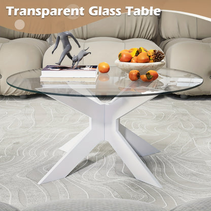 Ronde Salontafel – Koffietafel – Woonkamertafel – Bijzettafel – Glazen Tafel – Transparant Gehard Glas – Massief Houten Poten – 80x80x41 cm – Modern Minimalistisch Design