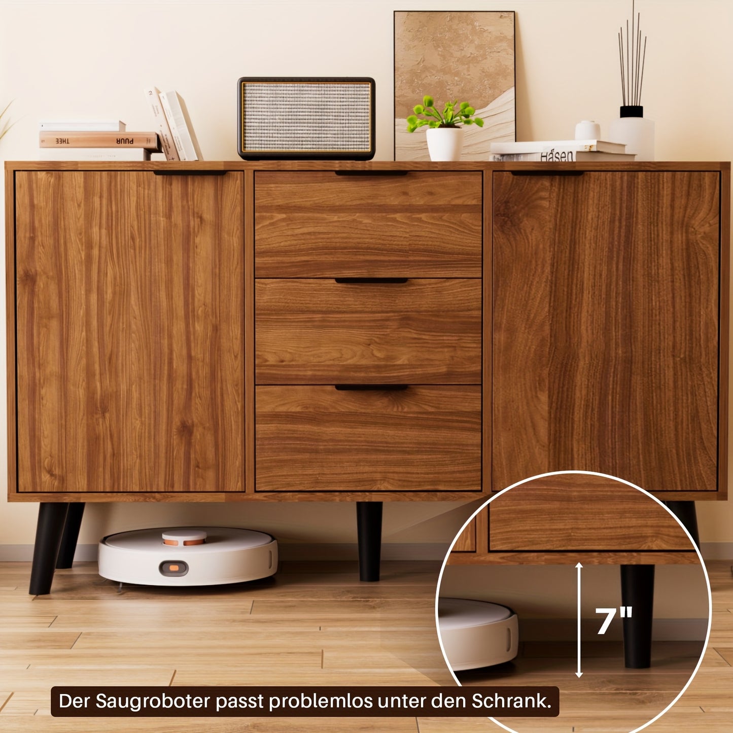 Dressoir – Opbergkast – Ladekast – Sideboard – Buffetkast – Mid-Century Modern Design – Houtcombinatie Hardhout & Spaanplaat – Ruime 3,2 Kubieke Voet Inhoud – Schuifdeuren en Laden – Vrijstaand 68,5 cm Hoog