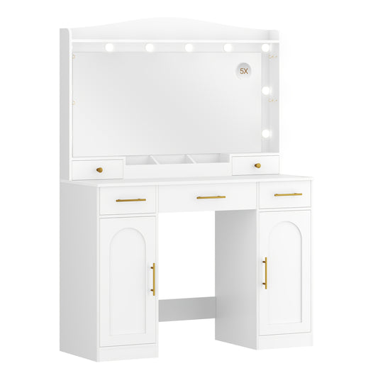 Kaptafel – Make-up Tafel – Dressing Table – Cosmeticatafel – Vanity Set – Grote Spiegel – Verstelbare LED Verlichting – 5 Laden & 2 Kastjes – Wit – 40x108x149 cm